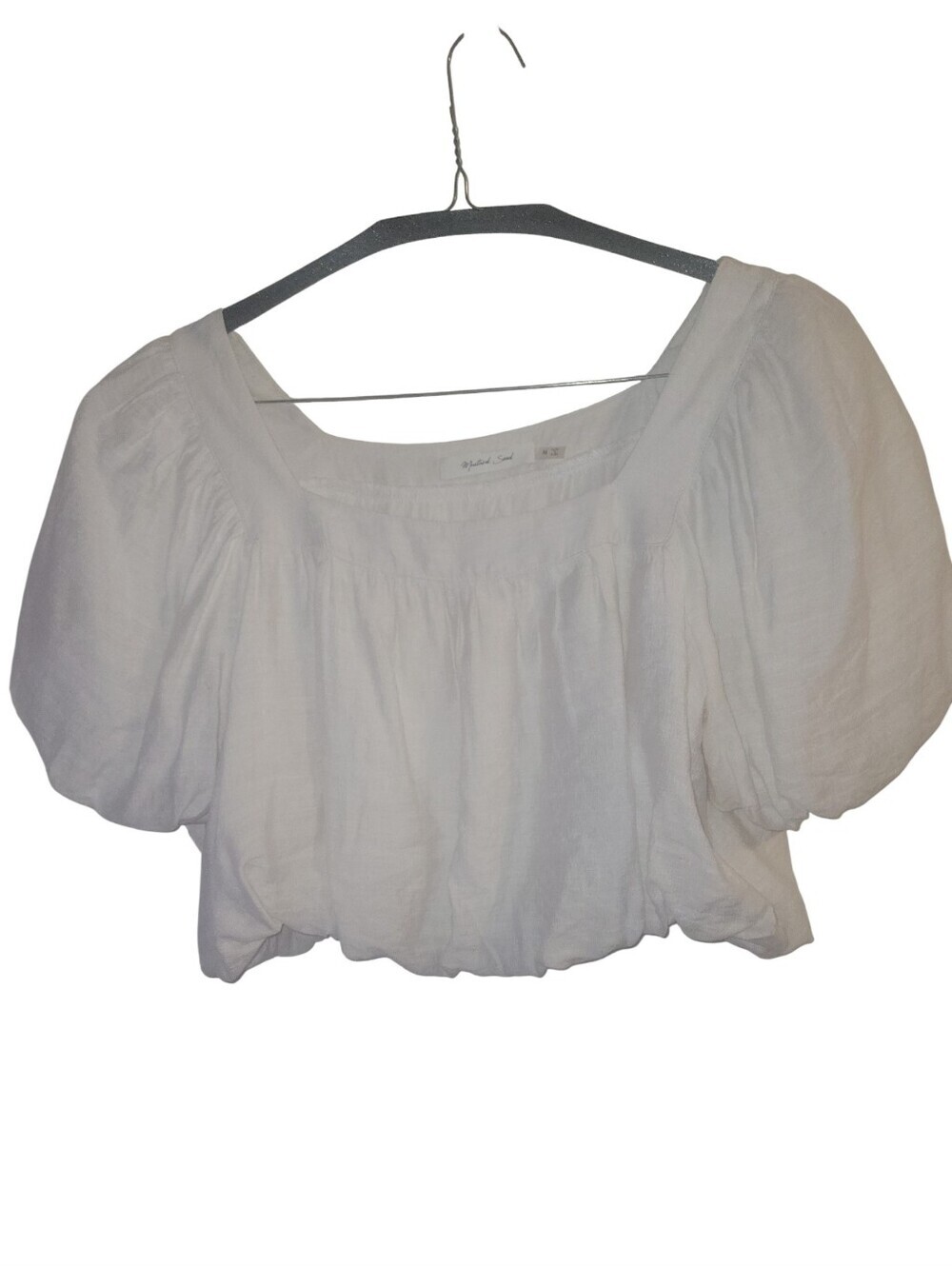 Mustard Seed Off White Puff Sleeve Square Neck Bubble Hem Cropped Peasant Top M